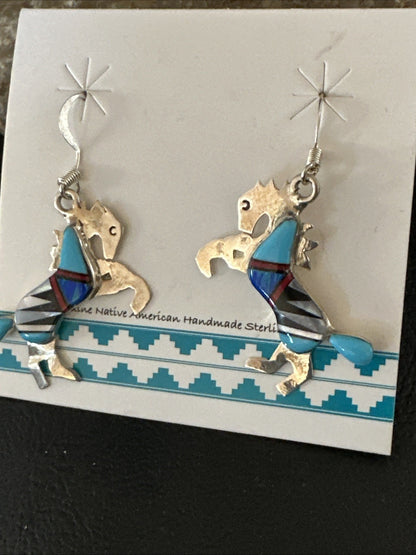 Blue Turquoise Coral Horse Inlay Navajo Sterling Silver Earrings 19827