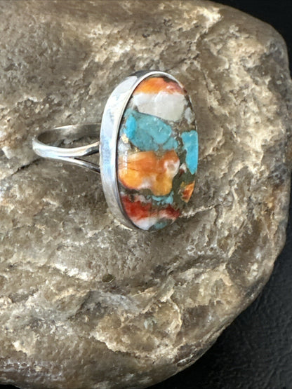 Blue Turquoise Orange Spiny Oyster Navajo Sterling Silver Ring Size 10 18207