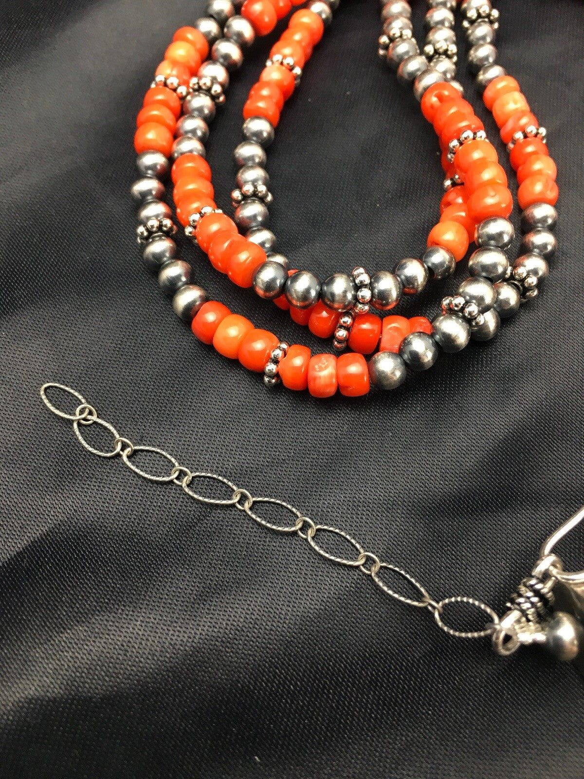 Red Coral 3 Strand Sterling Silver Navajo Necklace 02585