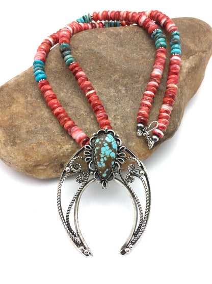 Turquoise #8 Pendant Spiny Oyster Navajo Sterling Silver Necklace 24" 04062