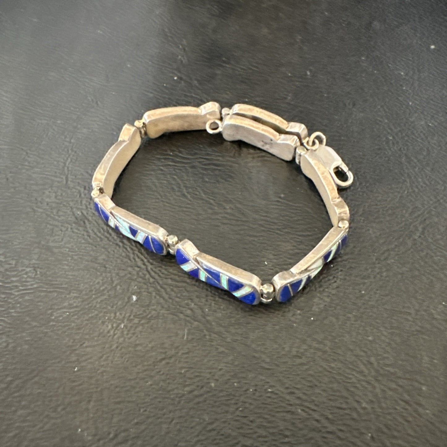 A Womens Blue Lapis Opal Sterling Silver Link Bracelet 9" 19792