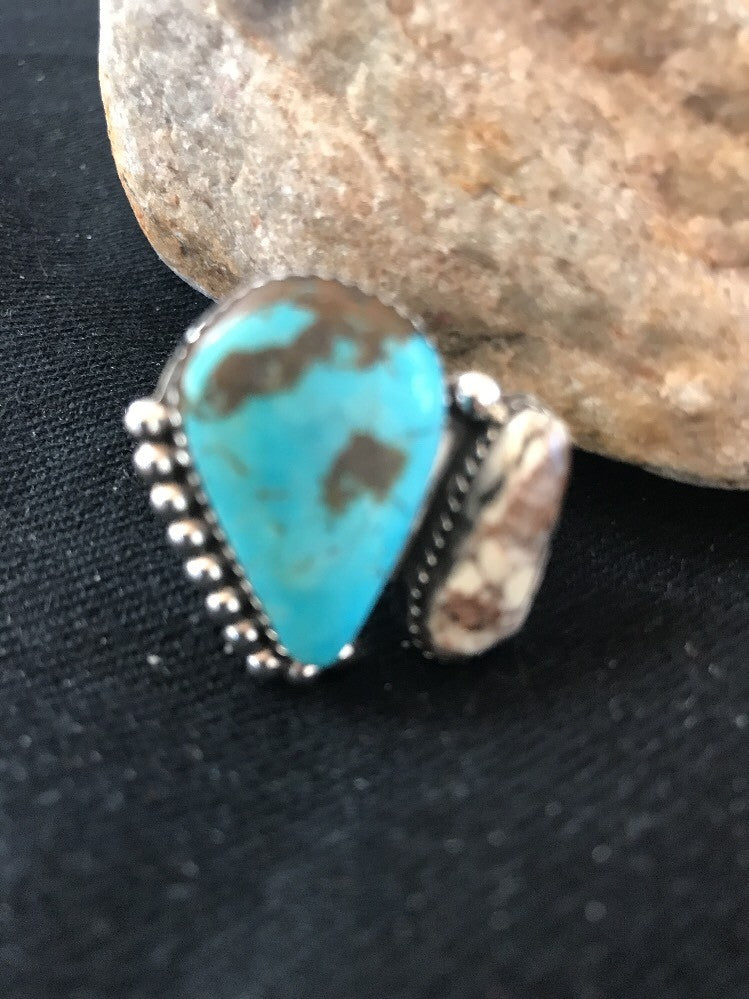 Crazy Horse & Blue Turquoise Navajo Indian Sterling Silver Ring Size 8 14698