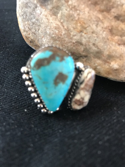 Crazy Horse & Blue Turquoise Navajo Indian Sterling Silver Ring Size 8 14698