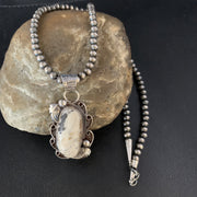 Men's Beads White Buffalo Turquoise Necklace Pendant 20" | Sterling Silver | Authentic Native American Handmade | 13666