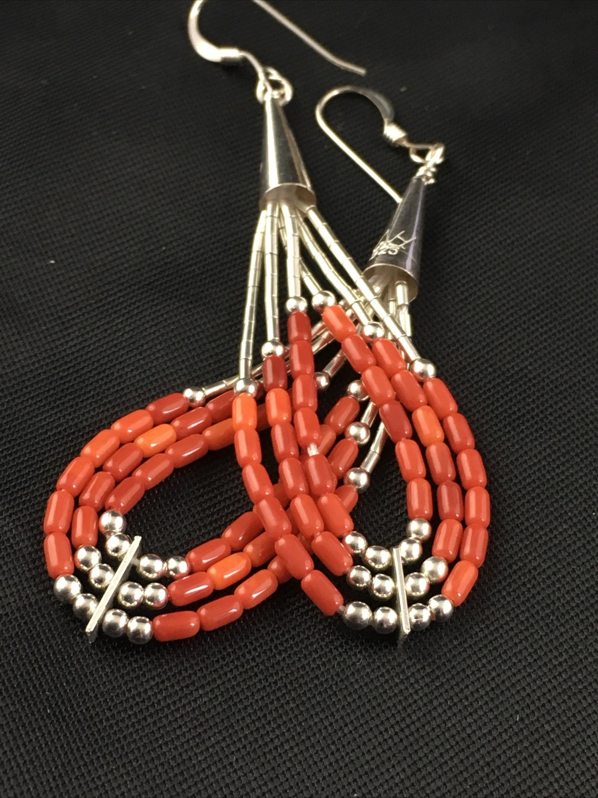 Red Coral 3 Strands Heishi Liquid Sterling Silver Dangle Earrings 1977