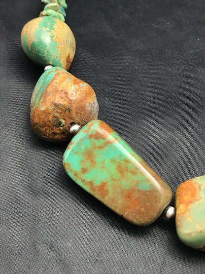 Chunky Green Nugget Turquoise Navajo Sterling Silver Necklace 23" 3216