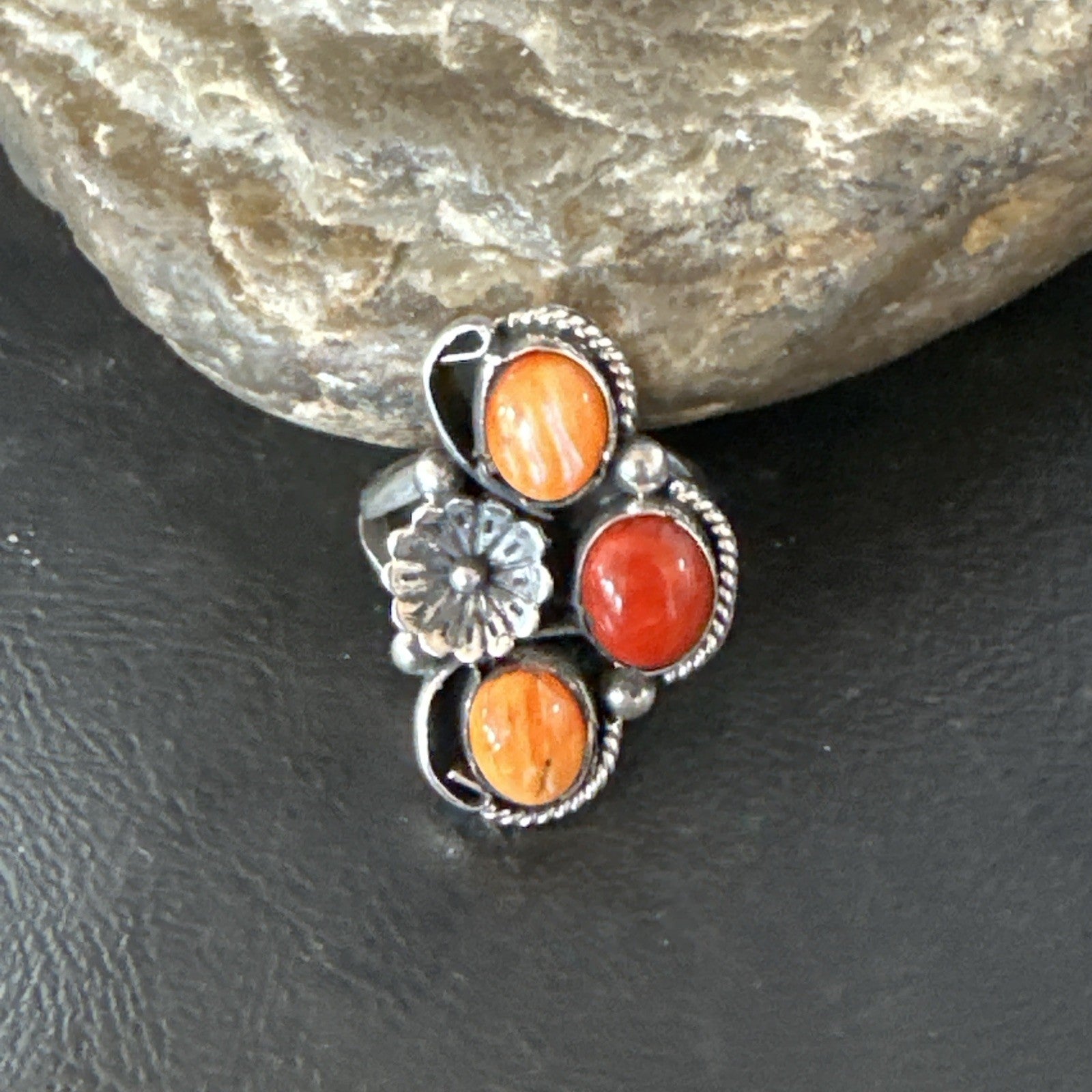Multicolor Ring Coral Spiny Navajo Sterling Silver Cluster Sz 10.5 19196
