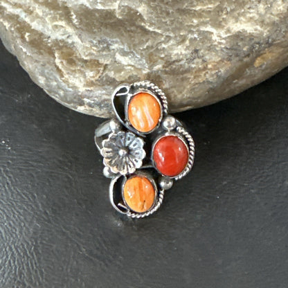 Multicolor Ring Coral Spiny Navajo Sterling Silver Cluster Sz 10.5 19196