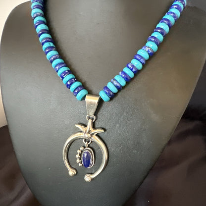 Mens Blue Lapis Turquoise Naja Pendant Navajo Sterling Silver Necklace 21" 17689