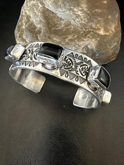 Mens Womens Navajo Sterling Silver Black Onyx Cluster Cuff Bracelet 7.75" 19431