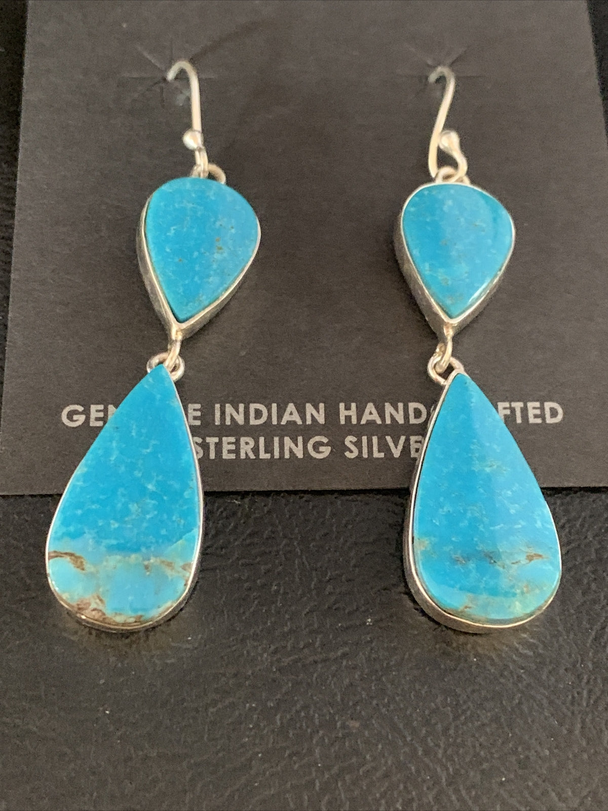 Blue Kingman Turquoise Navajo Sterling Silver Dangle Earrings 1.5" 14080