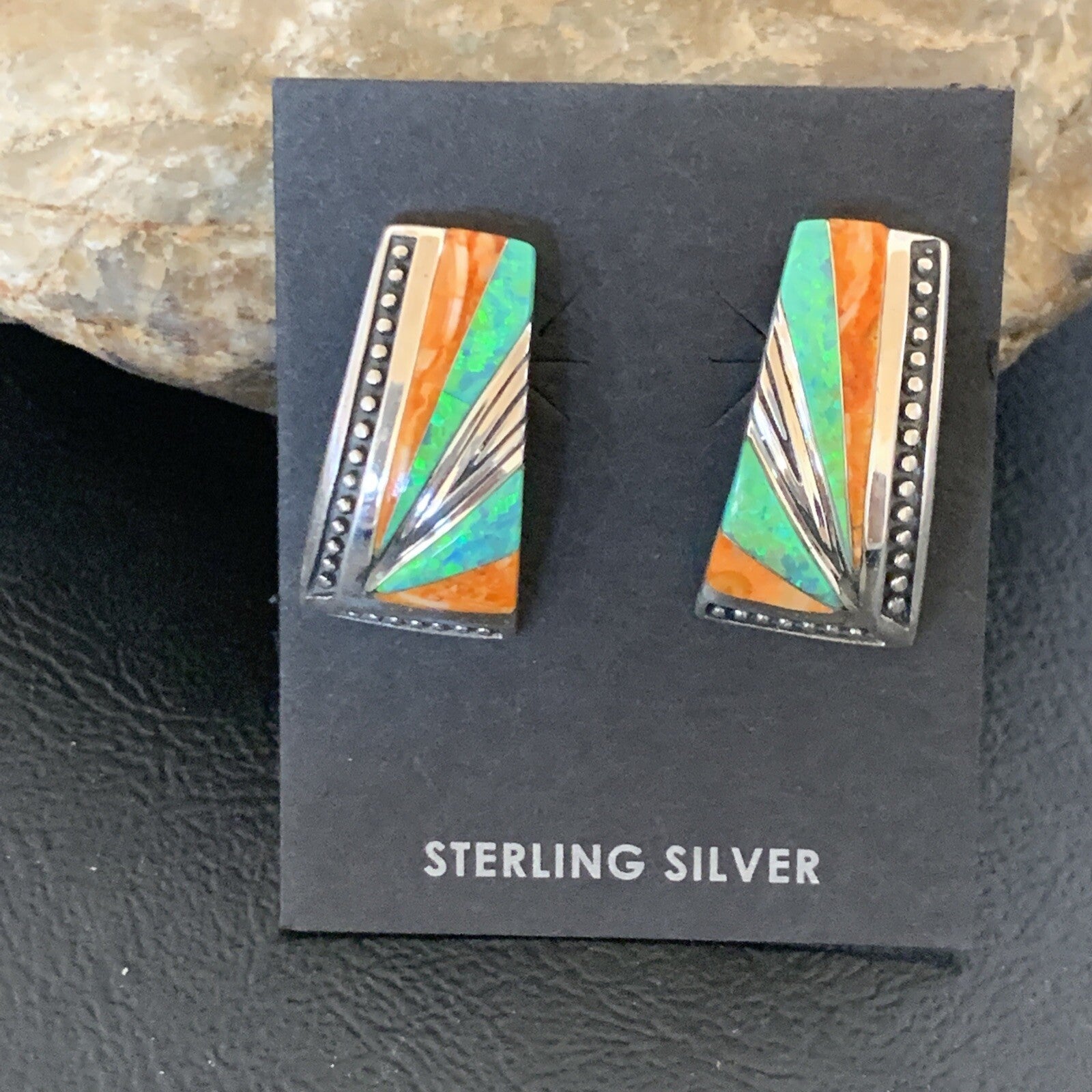 Navajo Blue Opal Oran Spiny Oyster Inlay Sterling Silver Earrings 12118