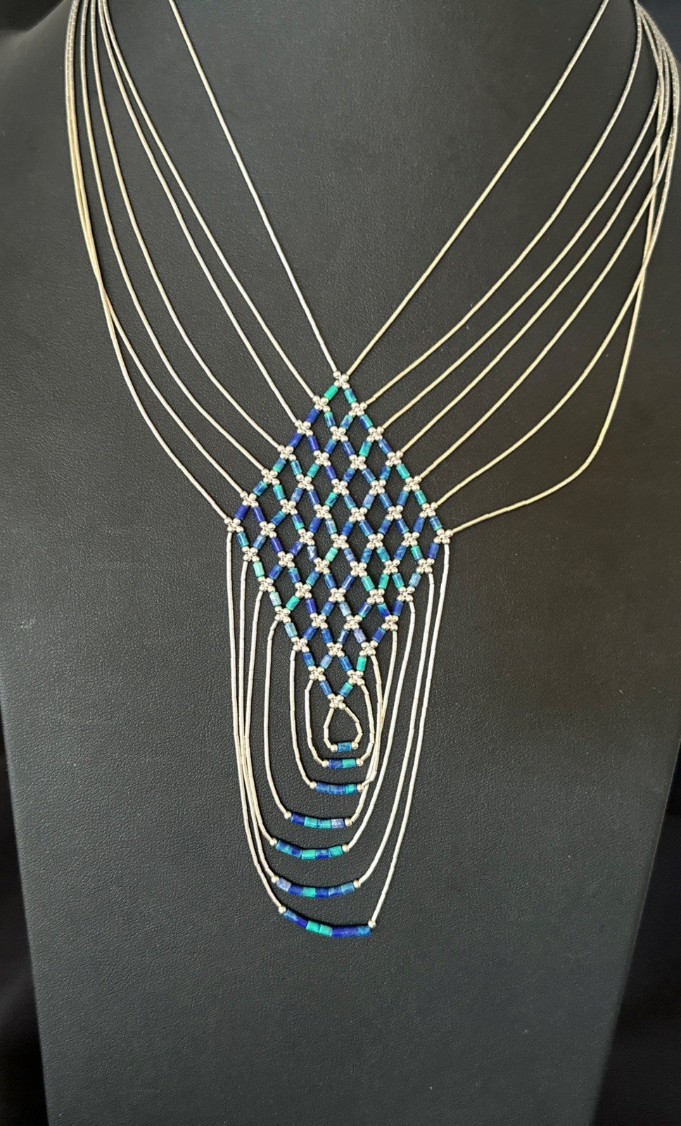 Azurite Heishi Tubes Pendant 7 Strand Liquid Sterling Silver Necklace 19751
