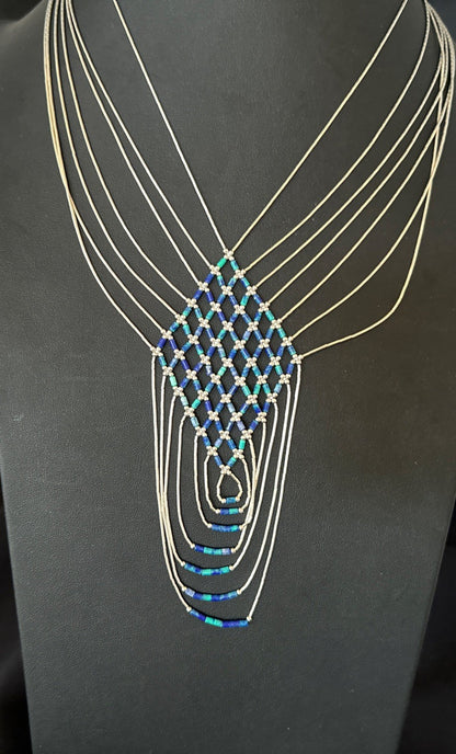 Azurite Heishi Tubes Pendant 7 Strand Liquid Sterling Silver Necklace 19751
