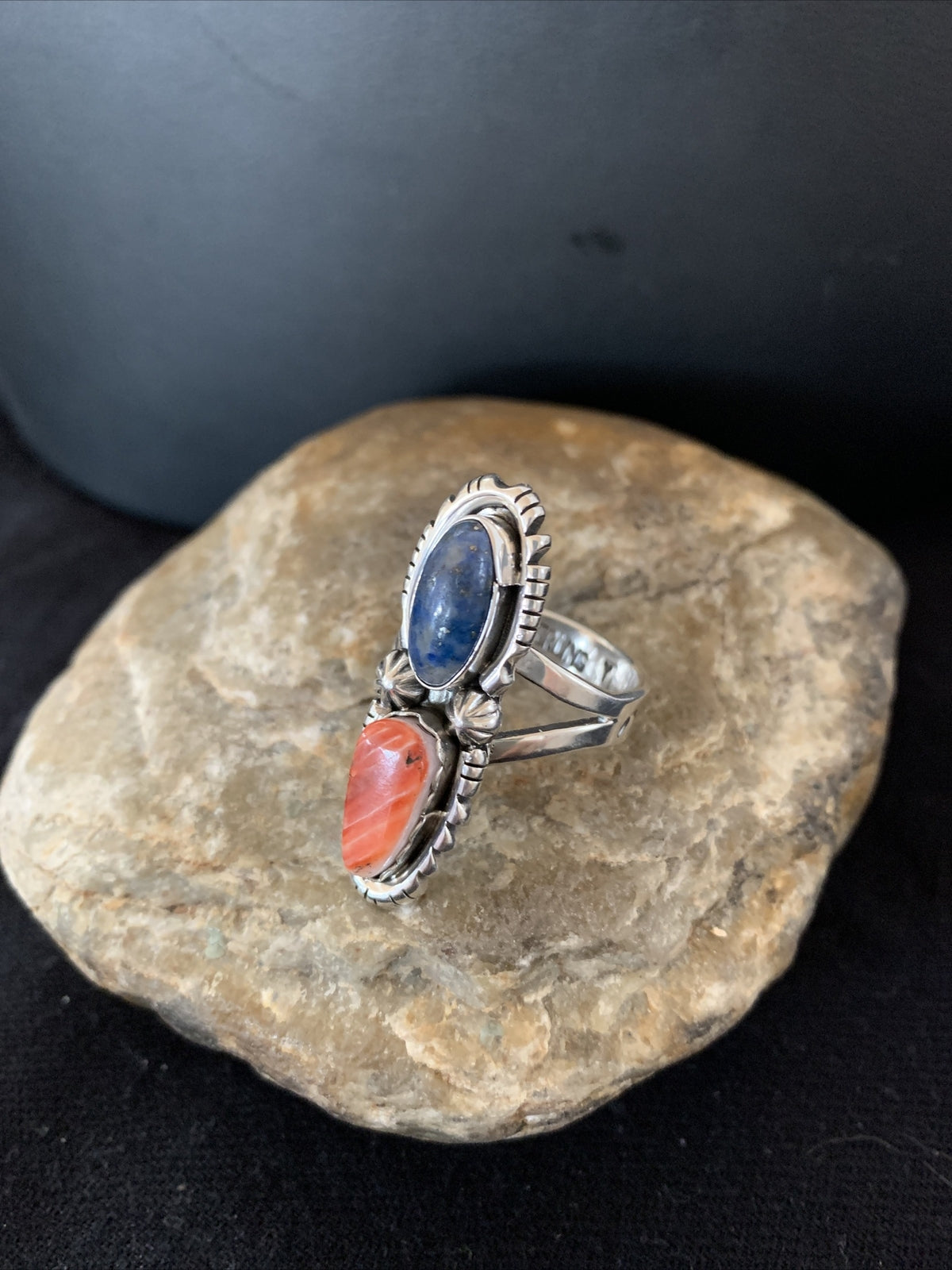 Red Spiny Oyster & Lapis Navajo Sterling Silver Ring Size 10.5 19763