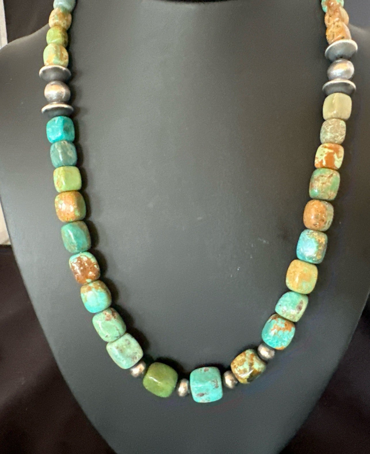 Cube Green Turquoise Navajo Graduated Sterling Silver Necklace 21” 19205