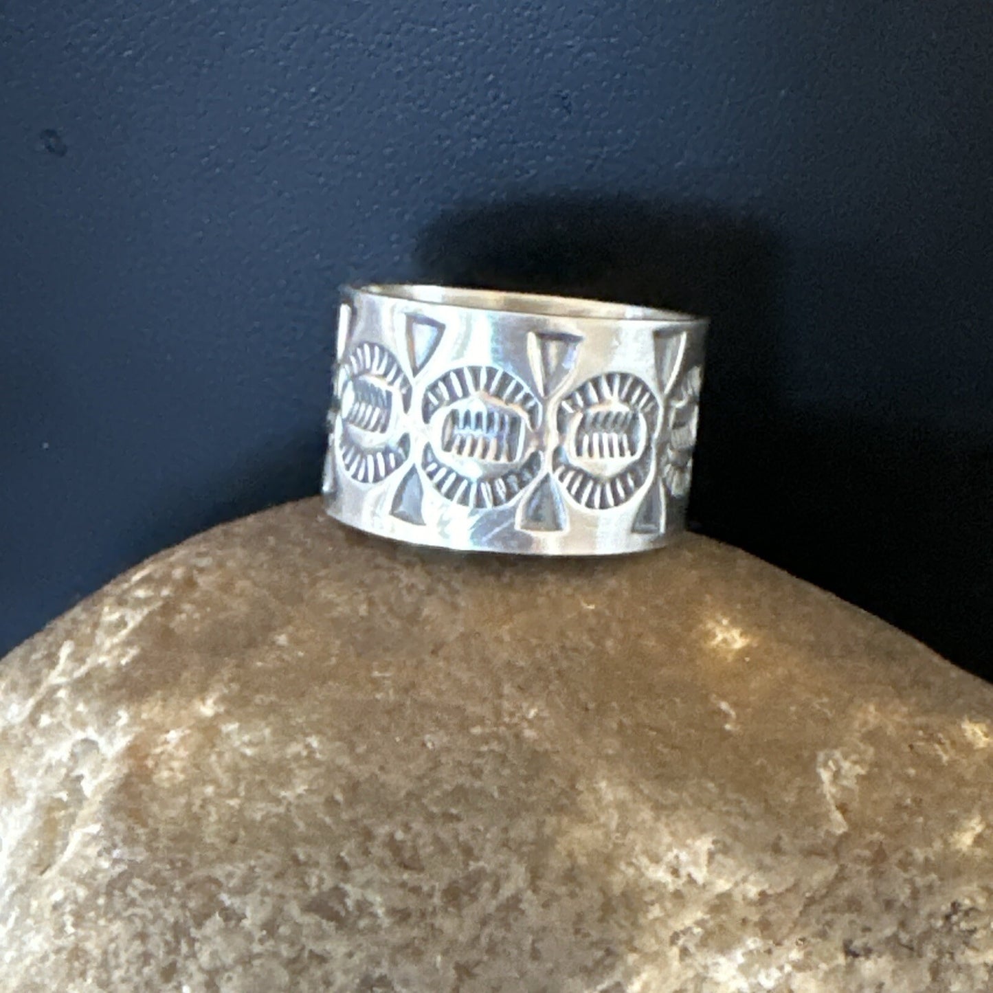 Mens Women Wedding Wide Band Navajo Stamped Sterling Silver Ring Size 10.5 17996