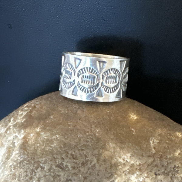 Men's Women Wedding Wide Band Navajo Stamped Ring Size 10.5 | Sterling Silver | Authentic Native American Handmade | 17996