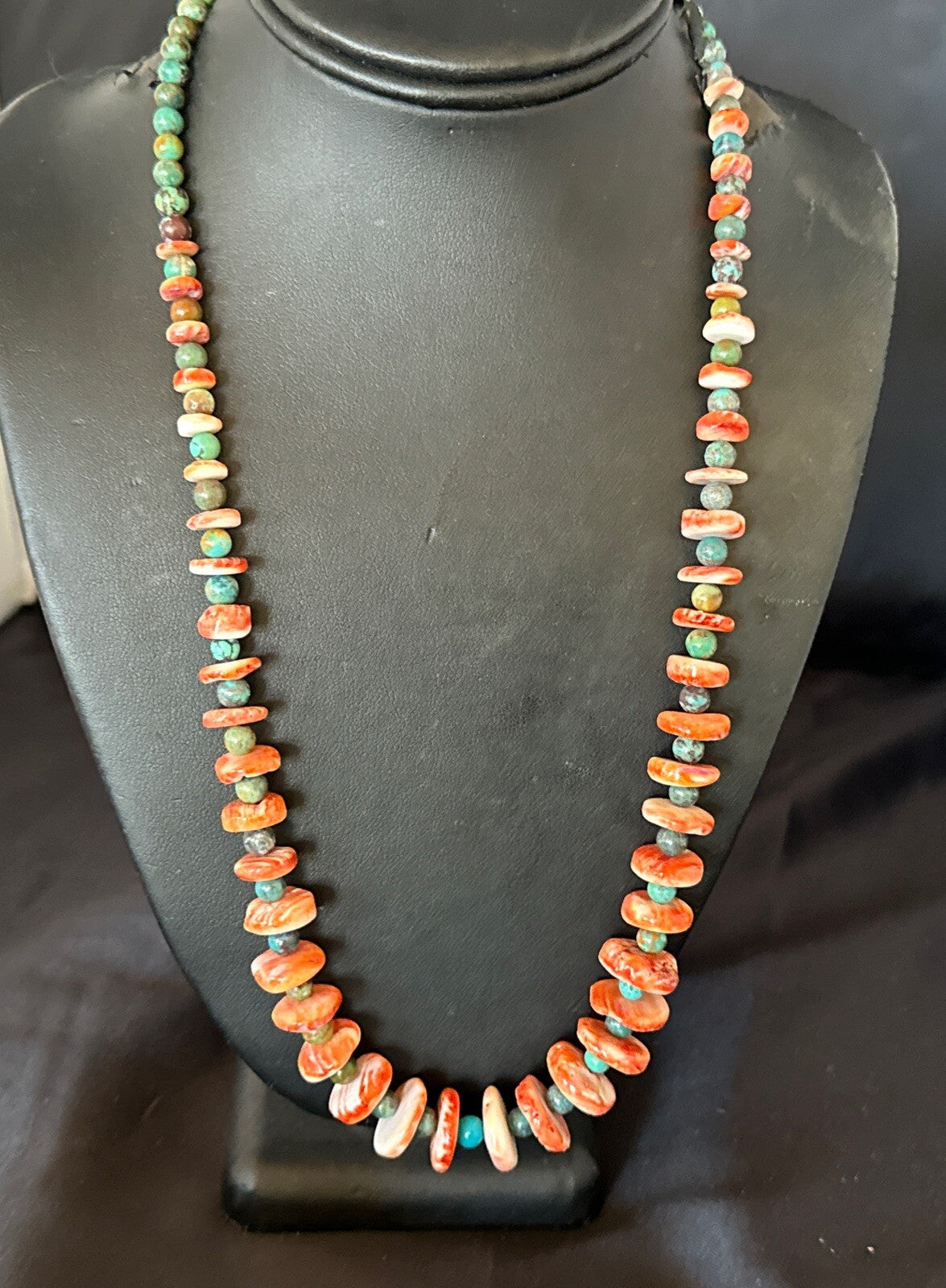 Red Spiny Oyster Green Turquoise 23” Long Navajo Sterling Silver Necklace 17762