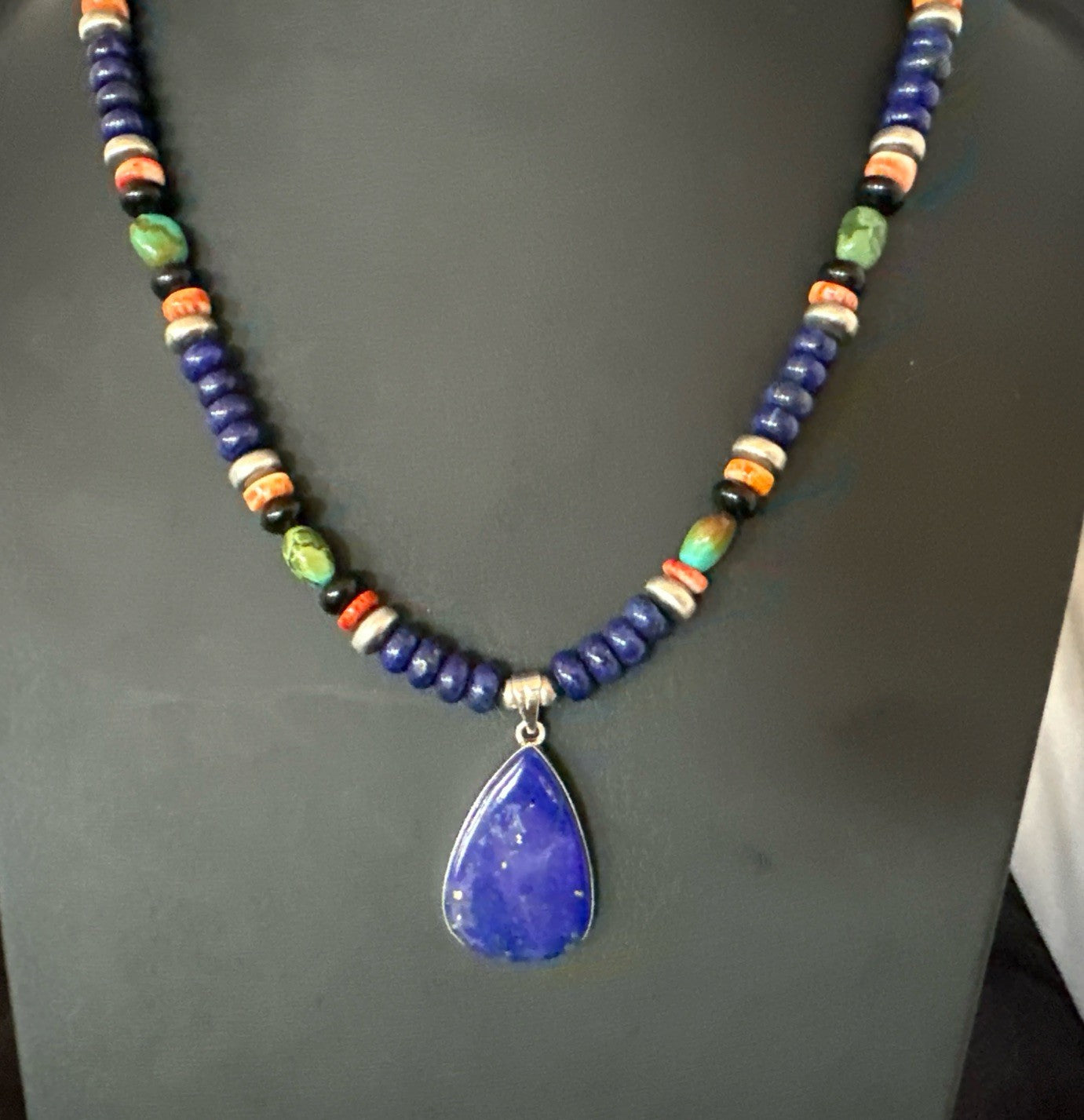 Lapis Turquoise Spiny Necklace Southwestern Sterling Silver Pendant 22” 19470