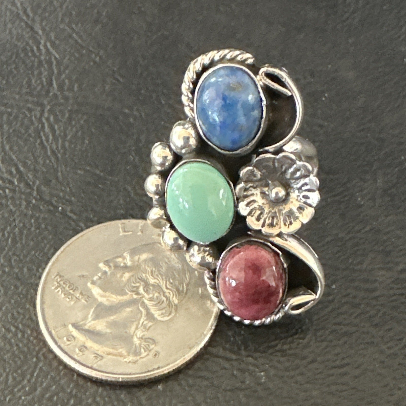 Multicolor Ring Turquoise Spiny Navajo Sterling Silver Cluster Size 8.5 19168