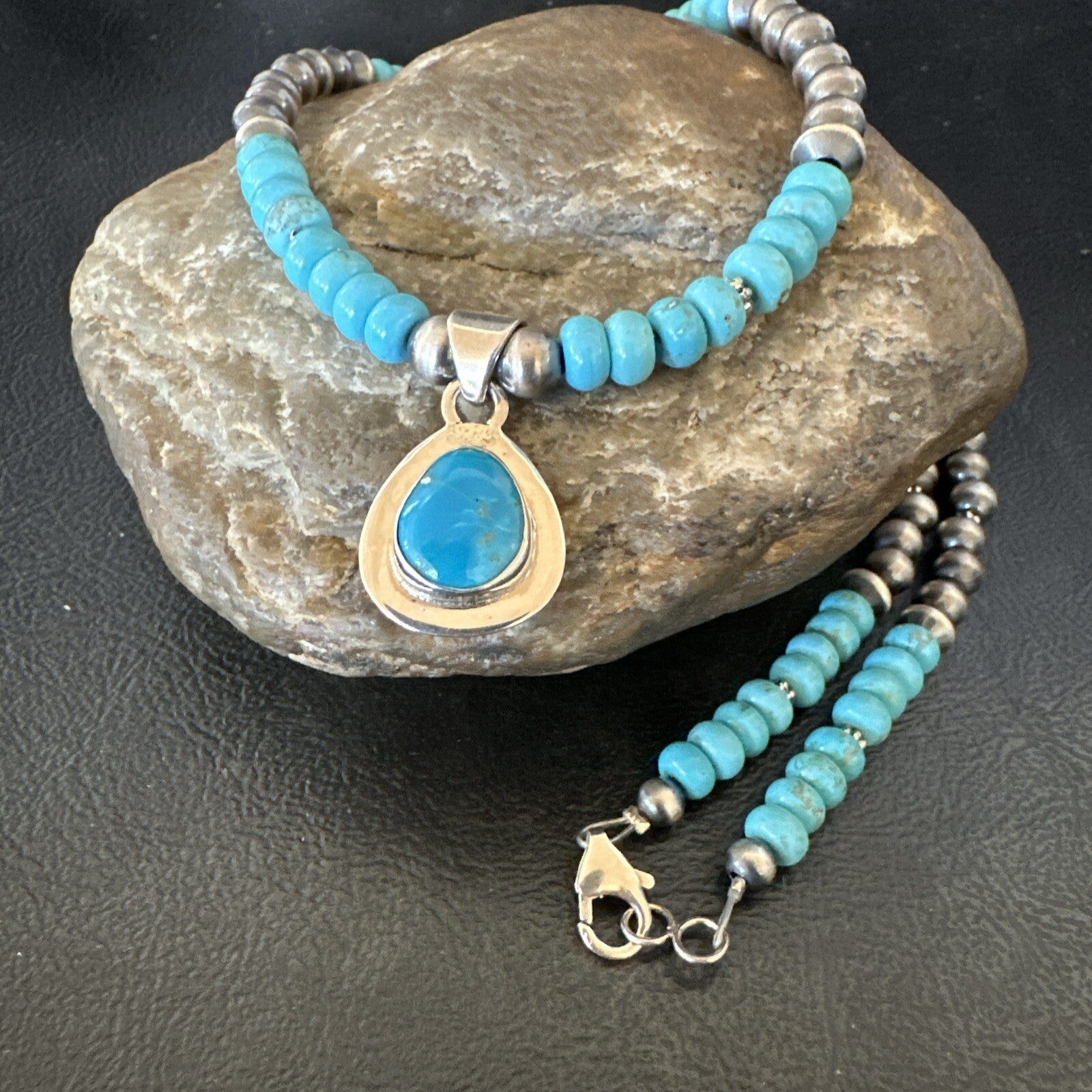 WoMens Blue Kingman Turquoise Pendant Navajo Sterling Silver Necklace 21" 18426