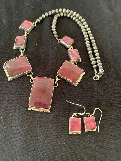 Purple Spiny Oyster Navajo Pearls Sterling Silver Lariat Necklace Earrings 04556