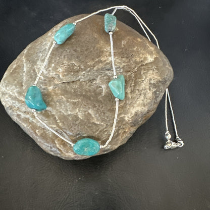 Turquoise Liquid Heishi Sterling Silver Nugget  17" Necklace 2930