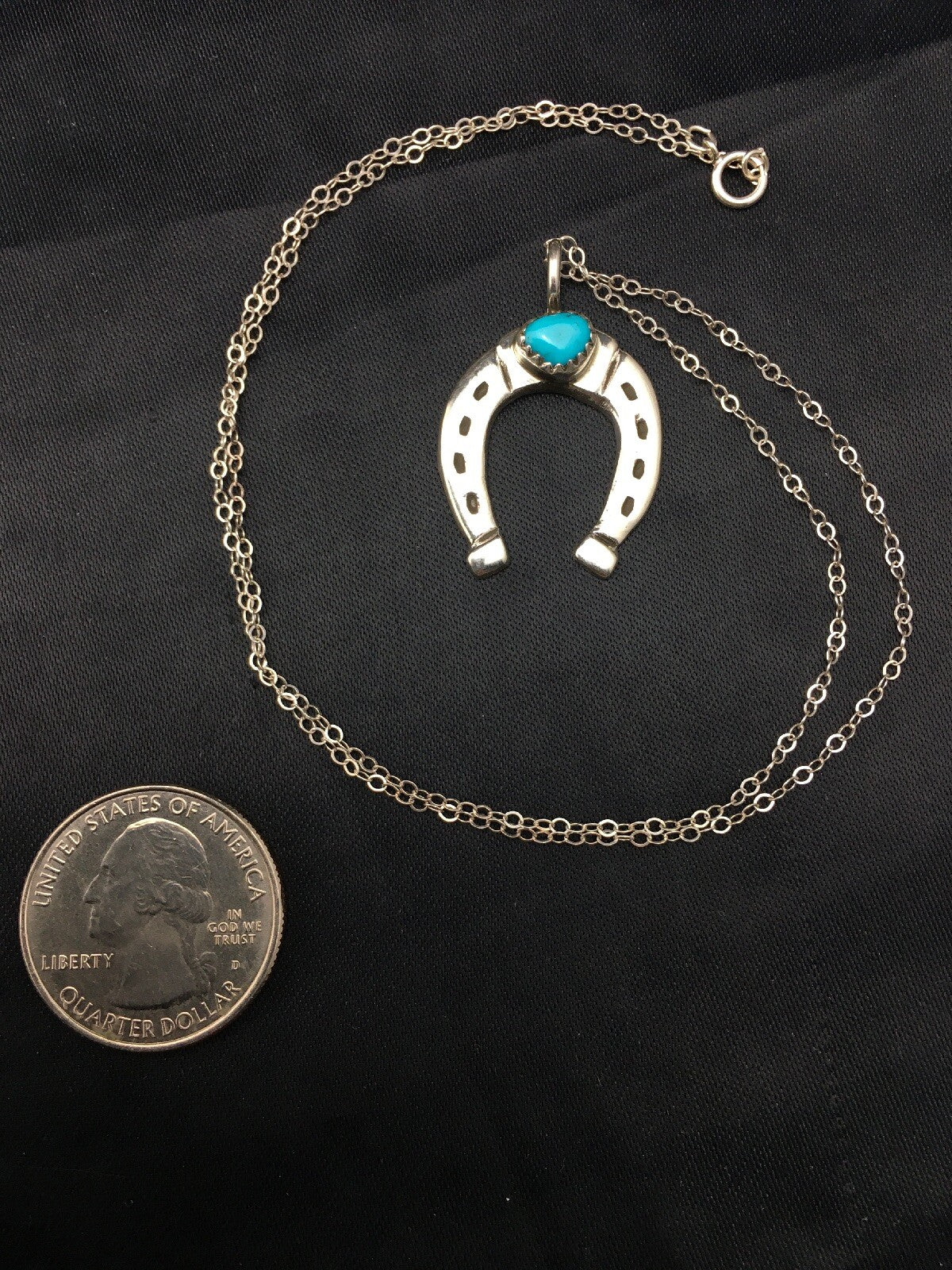 Navajo Sterling Silver Chain Blue Turquoise Naja Necklace Pendant 4466