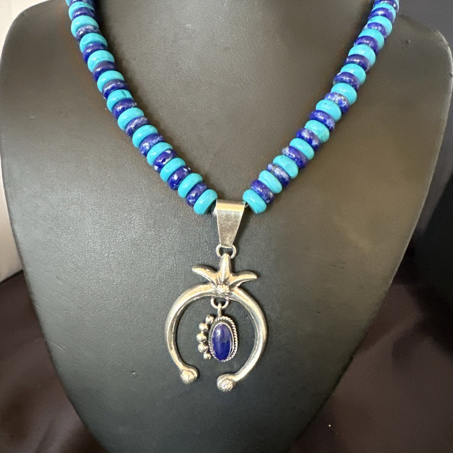Mens Blue Lapis Turquoise Naja Pendant Navajo Sterling Silver Necklace 21" 17689