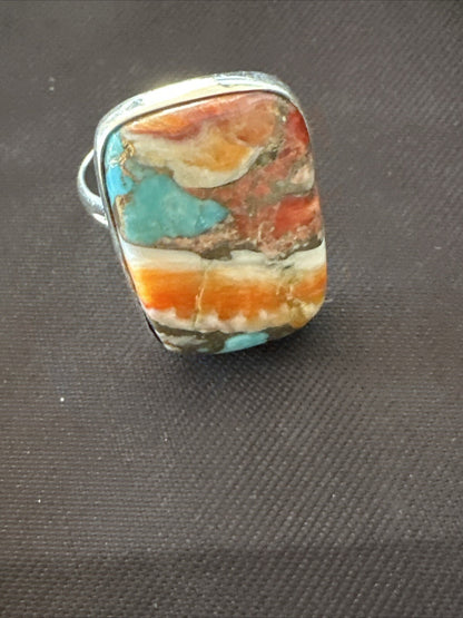 Blue Turquoise Spiny Oyster Southwestern Sterling Silver Ring Size 8 18431
