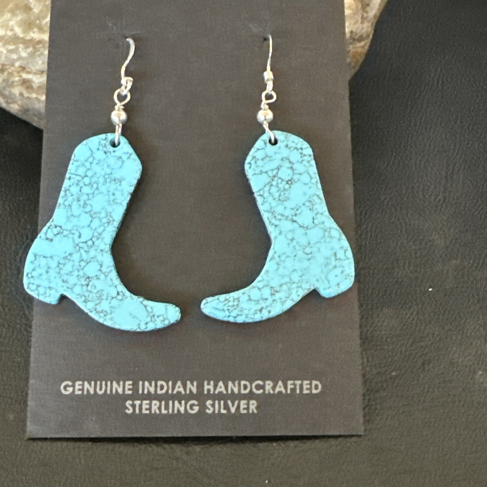 Western Cowboy Boots Navajo Slab Blue Turquoise Sterling Silver Earrings 17875