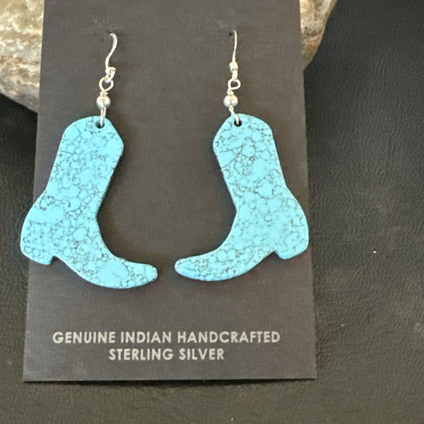 Western Cowboy Boots Navajo Slab Blue Turquoise Earrings | Sterling Silver | Authentic Native American Handmade | 17875