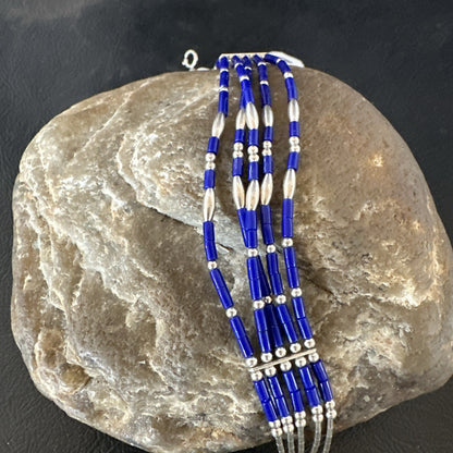 Lapis Stabilized Liquid Heishi 5 Strands Sterling Silver Bracelet 7.25" 12638