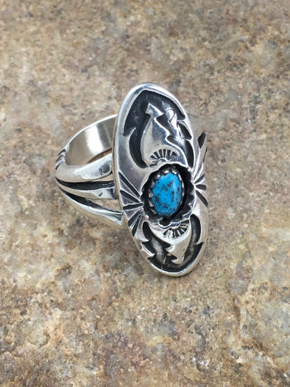 Old Pawn Shadow Box Navajo Sterling Kingman Turquoise Ring Set5.75 2625