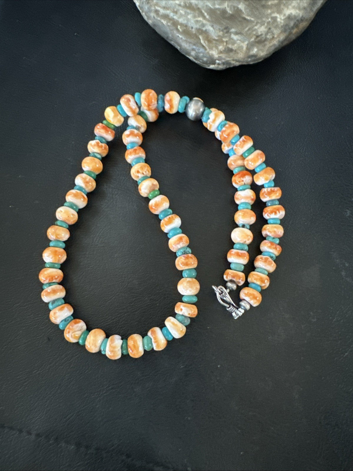 Orange Spiny Oyster Turquoise Navajo Sterling Silver Beads 22” Necklace 19164