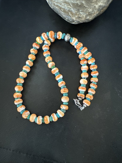 Orange Spiny Oyster Turquoise Navajo Sterling Silver Beads 22” Necklace 19164