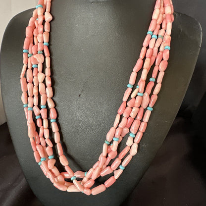 Navajo Blue Turquoise Pink Coral Sterling Silver 5 Strand Necklace 20” 17840