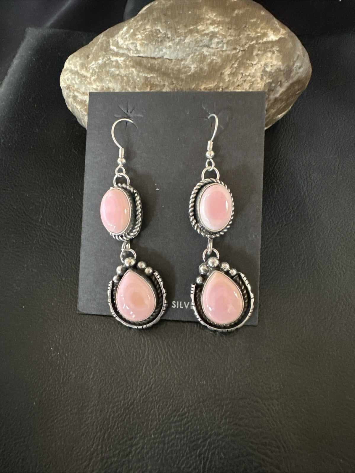 Yazzie Pink Queen Conch Navajo Sterling Silver Dangle Earrings 19320