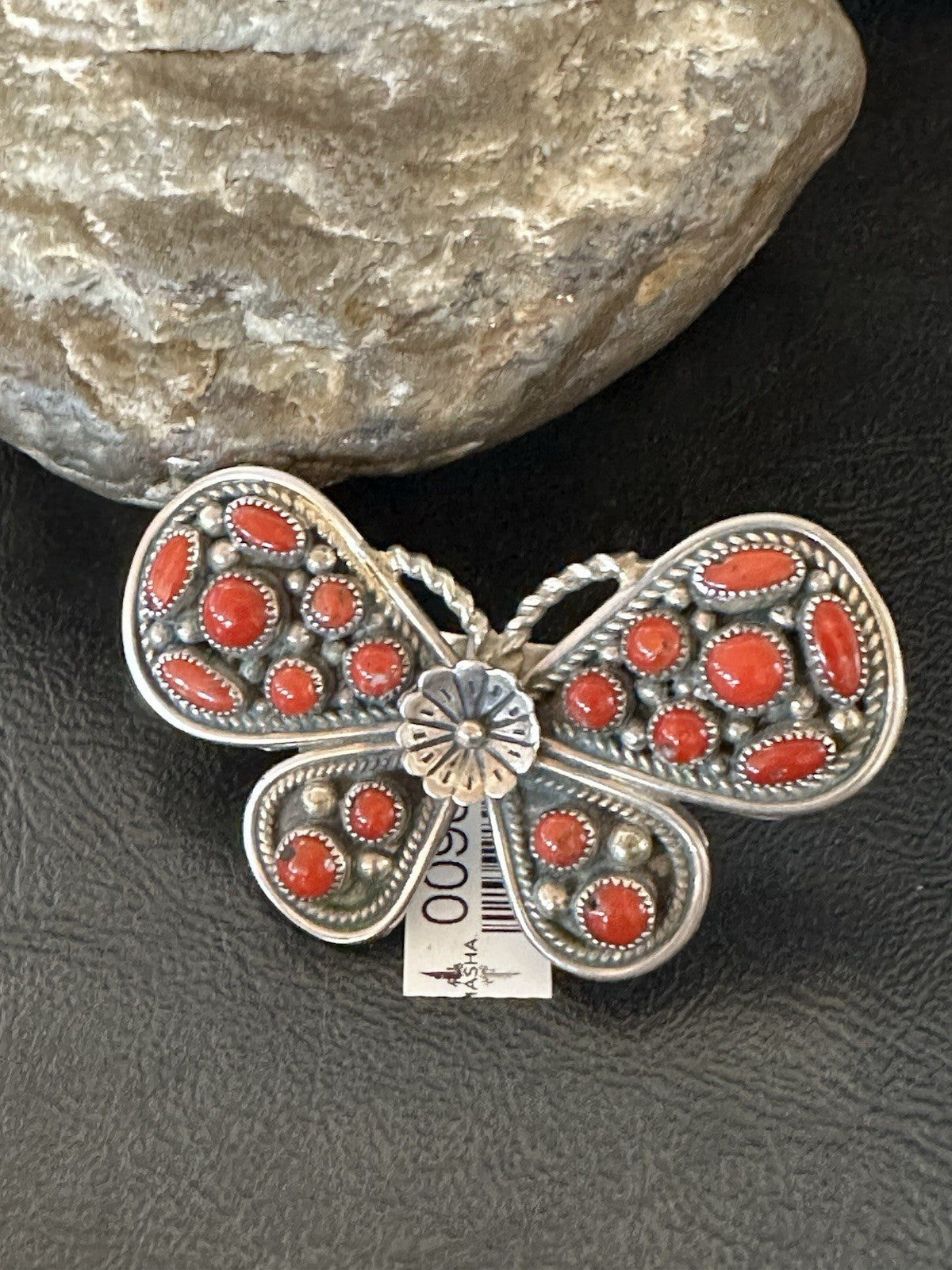 Red Coral Butterfly Sterling Silver Cluster Navajo Ring Size 8 00988