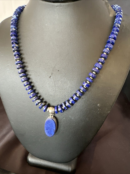 Mens Womens Blue Lapis Lazuli Navajo Sterling Silver Pendant Necklace 22” 18338