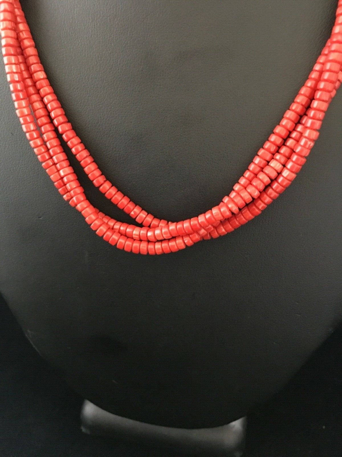 Red Coral Stabilized 3 Strands Navajo Sterling Silver Heishi Necklace 01778
