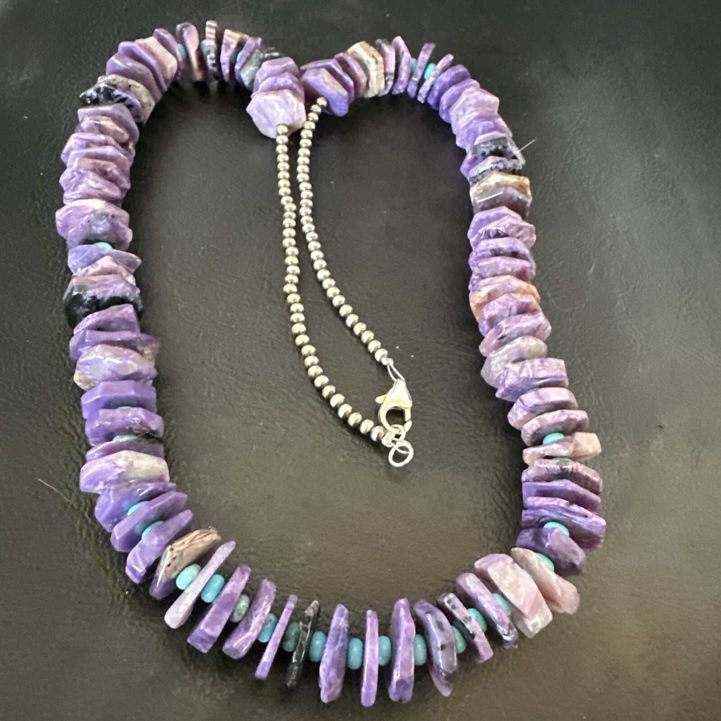 Popular Purple Charoite Blue Turquoise Navajo Sterling Silver Necklace 25” 18054