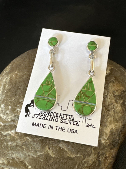 Green Gaspeite Southwestern Sterling Silver Inlay Earrings 1.5" 19154