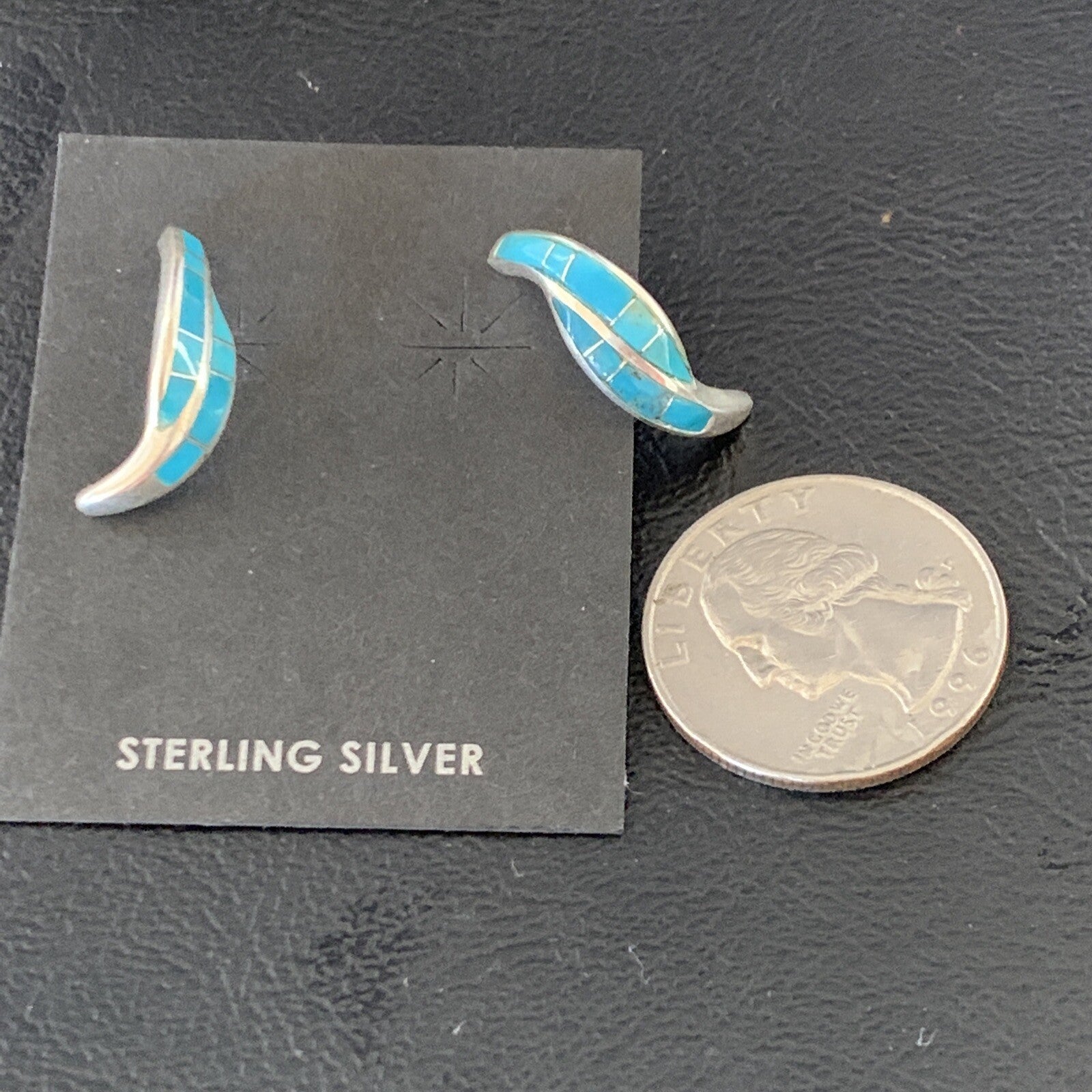Blue Turquoise Southwestern Zuni Sterling Silver Inlay Hoop Earrings 0.75" 13022