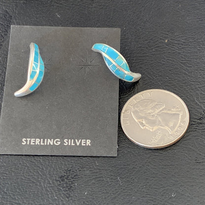 Blue Turquoise Southwestern Zuni Sterling Silver Inlay Hoop Earrings 0.75" 13022