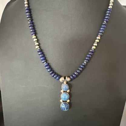 Handmade Blue Lapis Cluster Pendant NavajoSterling Silver Necklace 2" 19655