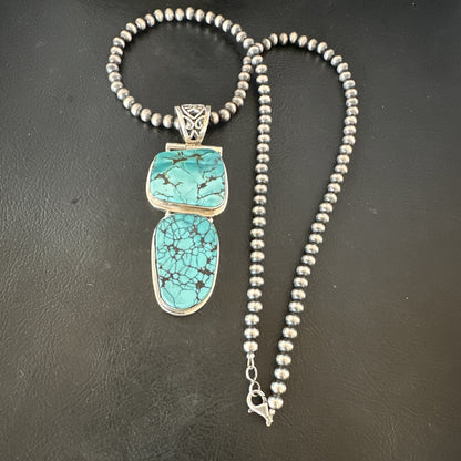 Blue Spiderweb Turquoise Pendant Navajo Pearls Sterling Silver Necklace 16008
