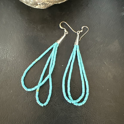 New Blue Turquoise Heishi 2 Strand Dangle Sterling Silver Earrings 3” 19039