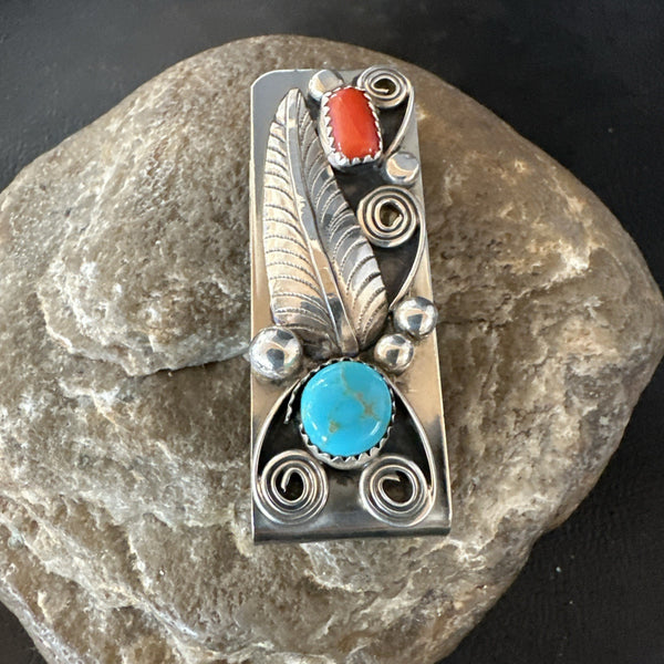 Men's Women Blue Turquoise Coral Navajo Stainless Stamped Silver Money Clip | Authentic Native American Handmade | 19736